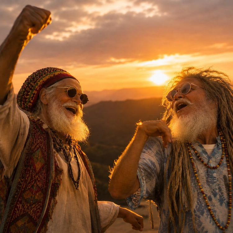 Two smiling bearded men in sunglasses celebrating on a hilltop at sunset